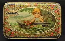 Antica Rara Scatola Latta Pubblicità Biscotti SAIWA Bimba Fiori Rose - Genova