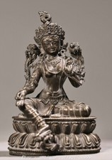 Statua Dea Illuminazione 3,9" Tibet Bronzo Puro Argento Verde Tara Buddismo