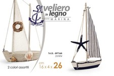 BARCA VELIERO DECORATIVA LEGNO SALVAGENTE CORDE VELA MARE STELLA MARINA 26 CM