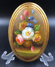 Quadro ovale vintage olio sul tavola legno bombato natura morta cornice d'orato