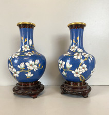 COPPIA VASO CINESE BRONZO CLOISONNE SMALTO POLICROMO DECORO FLOREALE BLU 24 cm/h