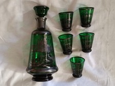Vintage Set di Bottiglia / Decanter e 5 Bicchieri in Vetro Verde Veneziano