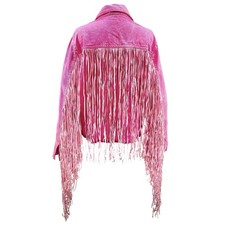 Giacca jeans denim Y2K rosa lavaggio acido frange boho cowgirl western Barbiecore