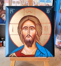 Icona bizantina del Volto di Cristo dipinta a mano. cm 28 x 28