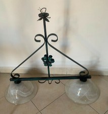 Lampadario in ferro vintage verniciato verde completo di portalampada in vetro