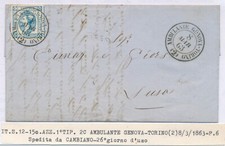 1863 ITALIA V. E. II 15 C AZZURRO I TIPO AMBULANTE GENOVA TORINO  F/4066