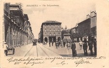 7910) BOLOGNA, VIA INDIPENDENZA. ANIMATA. OMNIBUS A CAVALLI. CARRETTO. VIAGGIATA