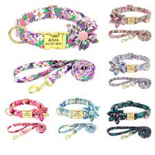 Collare e guinzaglio per cane personalizzato fiore nome ID metallo inciso XS-L