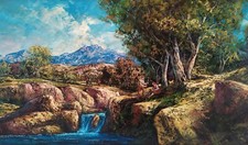 Gino Grignani Paesaggio Foresta Primaverile con Fiume Grande Insegna Dipinto Olio Italiano