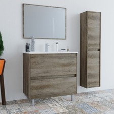 Mobile Bagno 80 cm a terra rovere legno lavabo ceramica specchio colonna 305040H