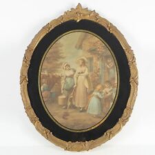 Antica incisione stampa quadro 800 rotondo con cornice ovale legno oro e nero