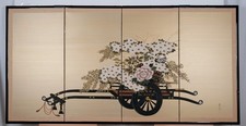 Carrello fiori giapponese Byobu anni 70 stampa impreziosita schermo pieghevole 4 pannelli ottimo stato+