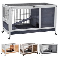 PawHut Gabbia per Conigli e Porcellini d'India, 4 Ruote, Casetta e Rampa, Legno