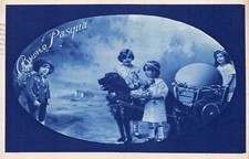 AL10-20D) CARTOLINA BUONA PASQUA BAMBINI CANE UOVA GALLINA VIAGGIATA 1935