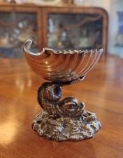 Cast Silver Plate Salt Cell Shell & Dolphin Pedestal Saliera Conchiglia Delfino