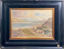 SCUOLA INGLESE XIX SECOLO Antico Quadro Dipinto ACQUERELLO Paesaggio con Cornice