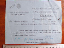 MINUTA 9°CENTRO AUTOMOBILISTICO BARI REGIO ESERCITO 1940 CONSEGNA FIAT 1100 AUTO