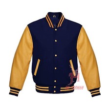 Bomber uomo Varsity Letterman blu navy lana vera pelle oro maniche giacche