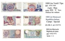 500 1000  LIRE  VERDI 1 ° Tipo 1964 R RARO Montessori MERCURIO  Lotto BANCONOTE