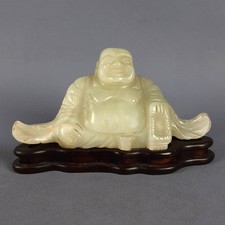 Antico Buddha Cinese In Giada Scultura Su Base Legno Da Collezione Primi ‘900