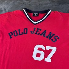 Polo Jeans Co Ralph Lauren Rosso Scollo V T Shirt Vintage Retrò Uomo Extra Large