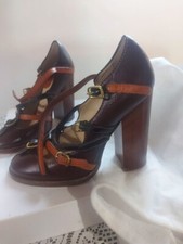 Scarpe Dolce & Gabbana D&G decollette tacco marroni cuoio lucido pelle