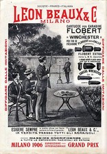 PUBBLICITA' 1910 CARTUCCE LEON BEAUX & C. MILANO CARABINE FLOBERT WINCHESTER 