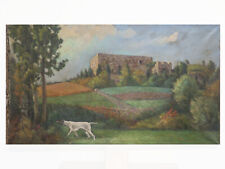 PAESAGGIO DI CAMPAGNA CON CANE DA CACCIA GRANDE QUADRO DIPINTO OLIO TELA P27