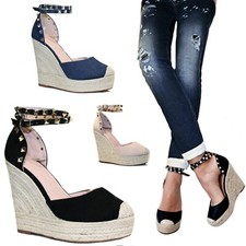 SCARPE Donna Sandali Zeppa Borchie Corda Spago Tacco 12 Zatteroni Espadrillas D5