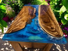 Tavolo da pranzo rettangolare blu epossidico bordo vivo legno di acacia arredamento fatto a mano