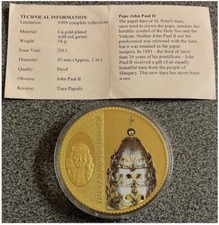 MONETA PAPA GIOVANNI PAOLO II,TIARA PAPALIS PLACCATA ORO CON GRANATO ROSSO,50 mm,54 gr