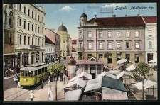 Zagabria, Pejacevicév trg., tram, bancarelle, cartolina 