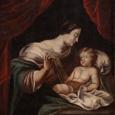 Madonna col bambino dipinto religioso antico quadro ad olio su tela XVIII sec