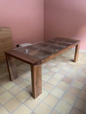 Tavolo Artigianale In Noce E Cristallo, Dimensioni 200x90 Cm