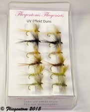 Fliegentom Assortimento di 12 mosche seches - UV-Effect Duns (mosca secca)