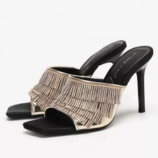 Mule Donna Strass Frange Tacco