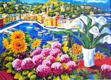 Ortensie a Portofino  Cesati serigr. su tela cm.50x70 rit. a mano- no Faccincani