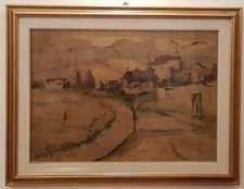 ANTICO DIPINTO OLIO SU TELA  ALVARO DANTI (1911-1985) QUADRO PAESAGGIO E CORNICE