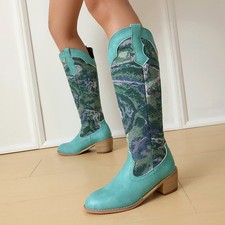 Stivali da cavaliere retrò da donna stivali da cowboy western in pelle stampati tacco medio grosso