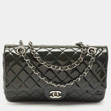 Borsa Chanel blu teal trapuntata vernice media classica doppia patta