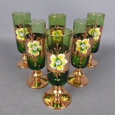 Set 6 Bicchieri Murano Tre Fuochi Verde Oro Smalti Floreali Vintage Anni 70