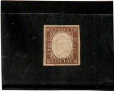 ASI-SARDEGNA-1855-63-IL RARO 3 LIRE COLOR RAME-MLH* BEN GOMMAT0-SPEDIZ. GRATUITA