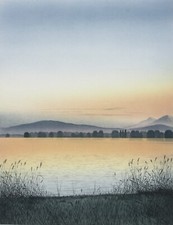 Rudolf Distler (nato 1946), insegna. Acquaforte a colori, veduta sul lago Chiemsee, 1987