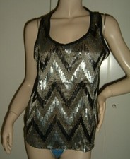 MAGLIA TOP T-SHIRT CANOTTA PAILLETTES CHEVRON NERO ARGENTO 42 LEGGI LE MISURE