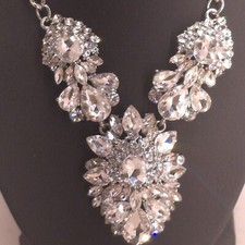 Collana Ouya Vintage Sposa Tono Argento Strass Trasparente 16"