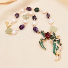 Collana con ciondolo zirconi ametista prehnite naturale perle keshi bianche coltivate 18''