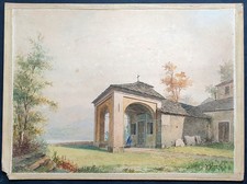 Acquerello antico firmato GB Femoly 1928 Val Corsaglia veduta Piemonte alpi