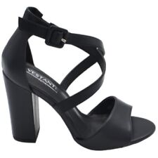 Sandalo donna nero satinato con tacco largo 10 cm e fascia comoda incrocio sul d