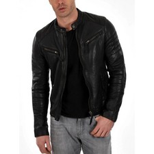 Giacca In Vera Pelle Di Pecora Nera Per Uomo Biker Moto