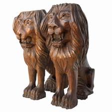 ANTICA COPPIA LEONI LEGNO